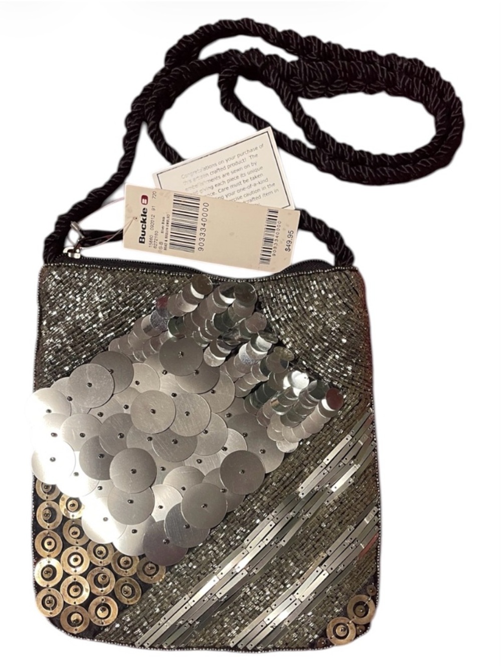 Sequined Silver Crossbody Bag with Braided Rope Strap